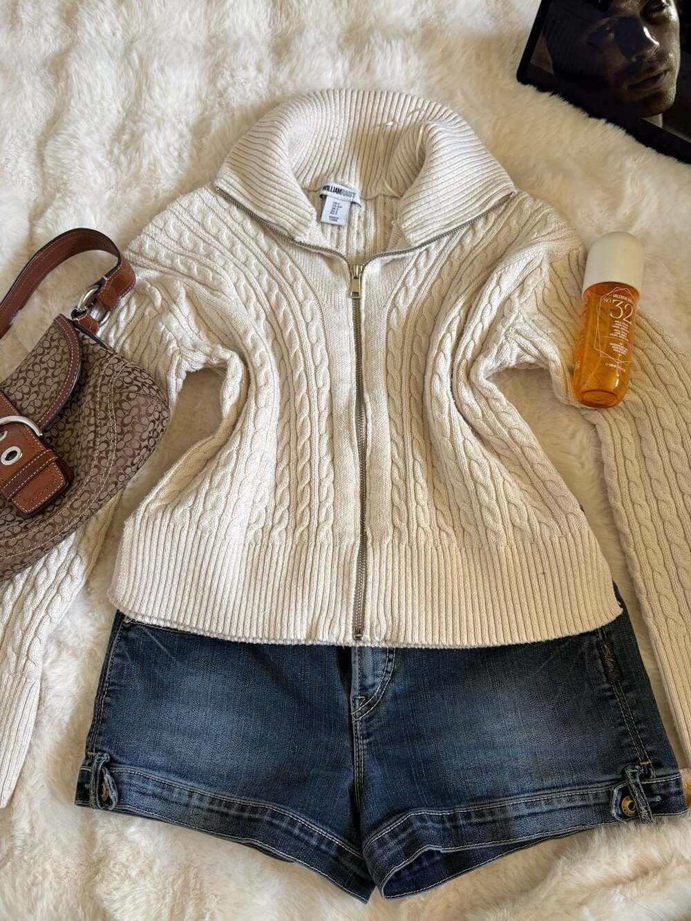 William Rast Cable Knit Full Zip Sweater Size S White